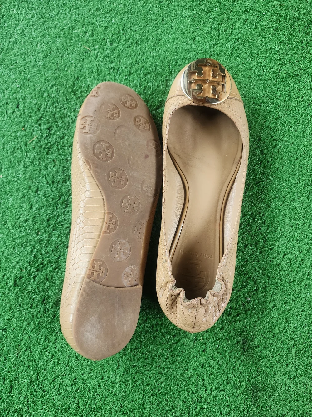 Tory Burch Beige Snake-Embossed Leather Logo Flats